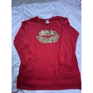 Sequin Lips NO BOUNDARIES RED LONG SLEEVE SCOOP NECK shirt S